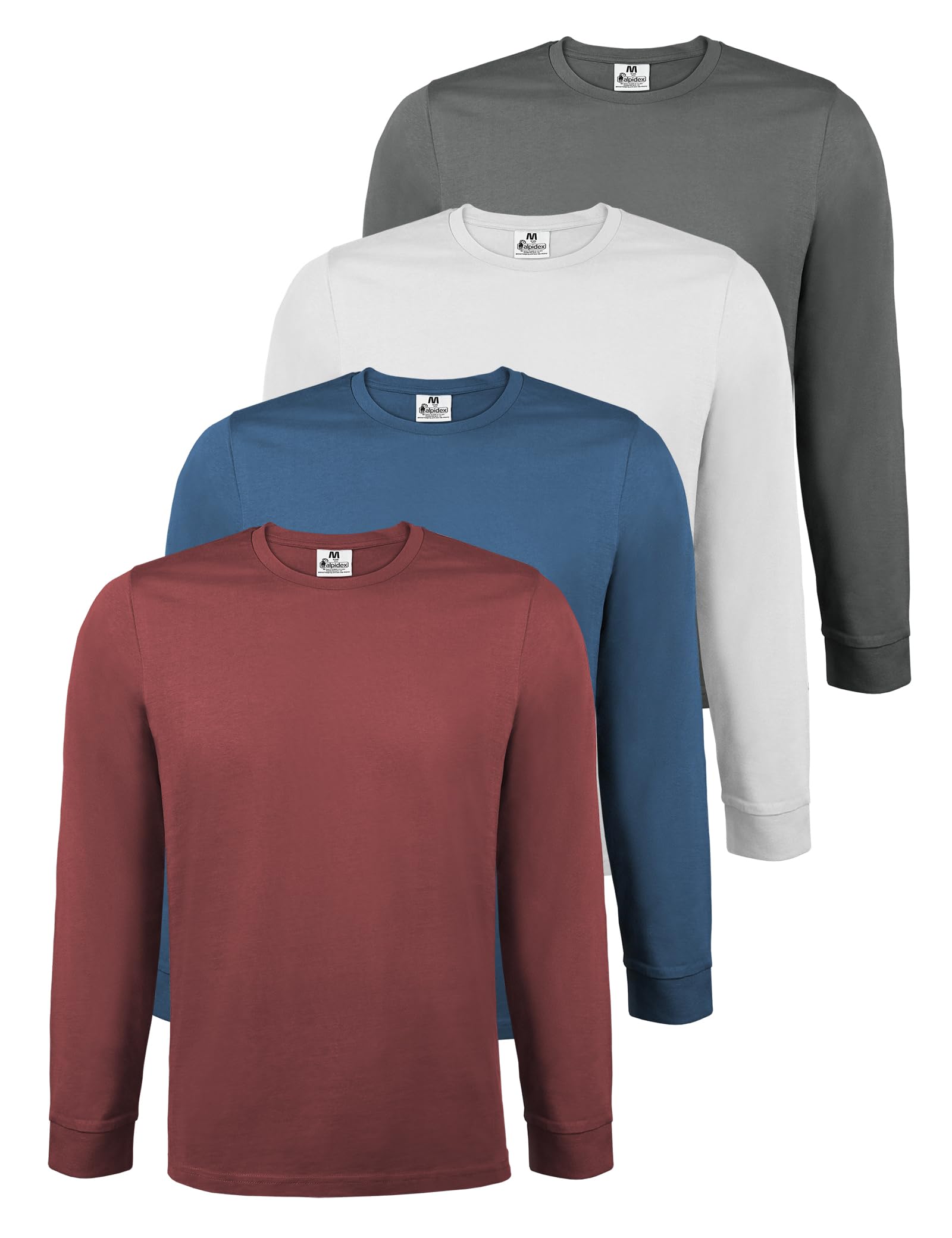 Alpidex Men's Fire Long Sleeve Shirts 4 Pack Basic 100% Cotton Stretch Undershirt Round Neck Plain Base Layer, Size:xxxl, Colour: