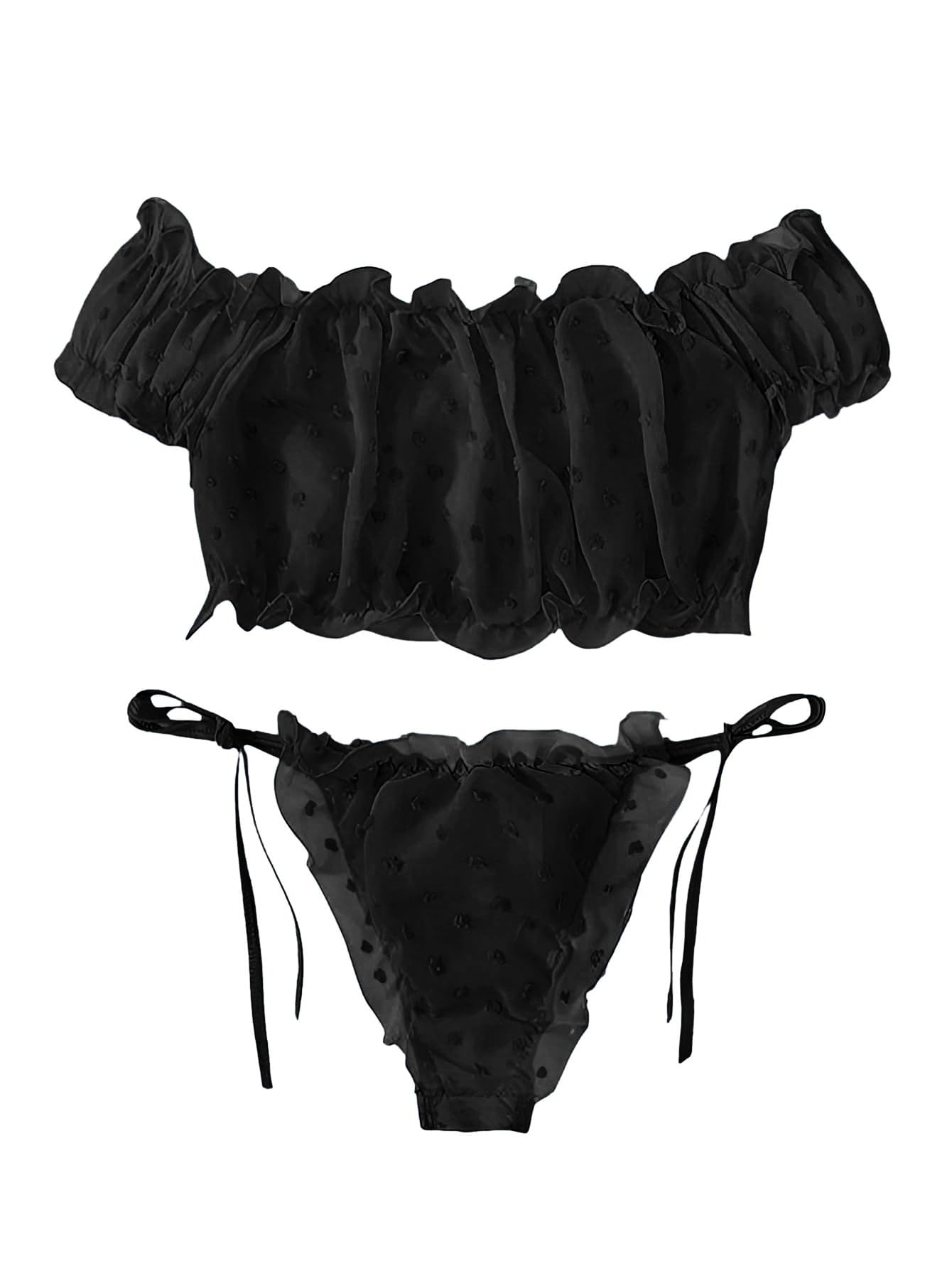 Lilosy Sexy Stretch Ruffle Tie Sheer Mesh Lingerie Set Outfits: Medium Chiffon Black
