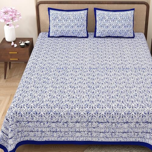 Image of Opulent Collection Double Bedsheet with 2 Pillow Cover | 100% Cotton Bedsheets for Double Bed | Handloom Bedsheet | Size 86x90 inches | King Size (90X102 Inches) (Catalina Blue, King)