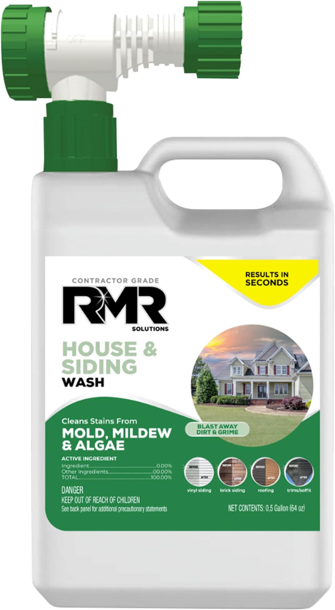 RMR House and Siding Wash - Commercial-Grade Outdoor Stain Remover for Mold, Mildew, and Algae, 64 Ounce Bottle With Hose-End Adapter