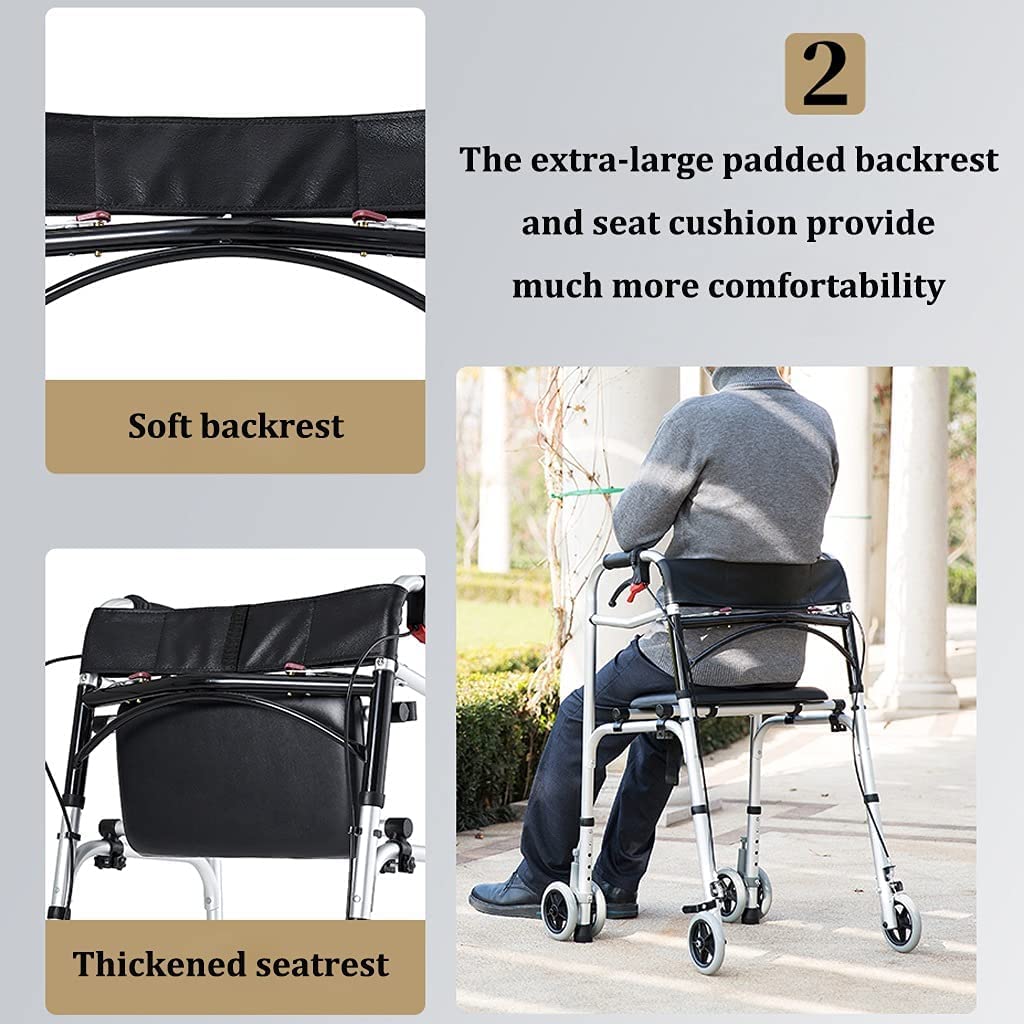 Andador con Ruedas Plegable Ajustable con Respaldo y Asiento, Ayuda para Caminar de Movilidad Ligera de Aluminio para Personas Mayores y Mayores
