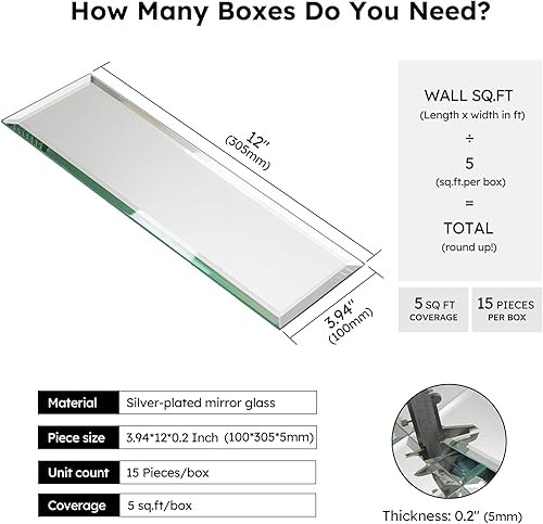 Miniatura 2 de Diflart Azulejos de metro biselados para salpicaduras de espejo de 4 x 12 pulgadas para pared de cocina y baño, paquete de 15 unidades