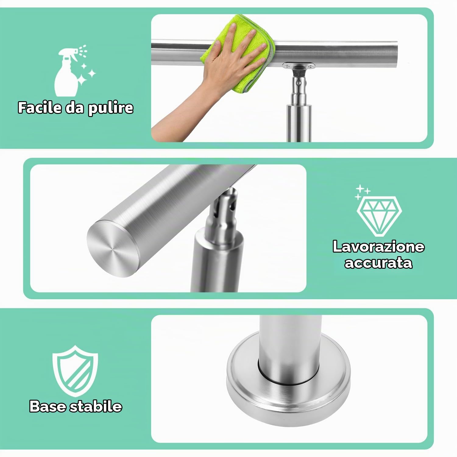 Fiqops Corrimano in acciaio inox, Ringhiera per scale esterni e interni 100 cm con 4 barre trasversali Ø 42 mm regolabile ad angolo per scale, giardino, ingresso casa, parapetto
