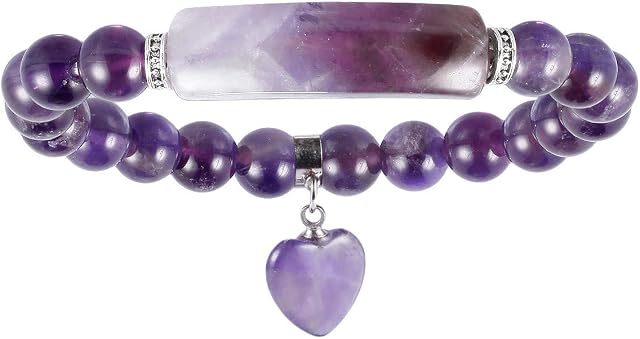 Nupuyai Healing Crystal Stone Bracelet for Women, Lucky Heart Charm 8mm Beads Stretch Bracelet