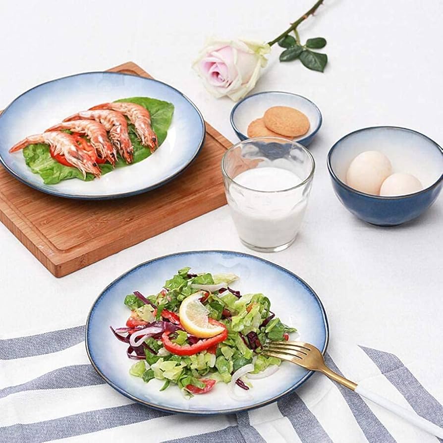 Amazon.co.jp: 陶器食器、22ピース ブルー磁器ディナーセット