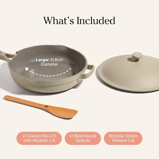 Discover the patented 10-in-1 functionality of this remarkable cookware piece. The Always Pan acts as a fry pan, steamer, skillet, sauté pan, and saucepan, all while offering the benefit of a nonstick surface. Thoughtfully constructed from 100% post-consumer recycled aluminum, it boasts a Thermakind ceramic coating that is entirely free from harmful toxins such as PFAS, PTFEs, PFOAs, lead, and cadmium. This not only ensures a safer cooking experience for you and your family but also contributes positively to environmental sustainability. The innovative set includes a modular steam-release lid and a nesting Beechwood spatula, both designed for practicality and a range of cooking techniques.