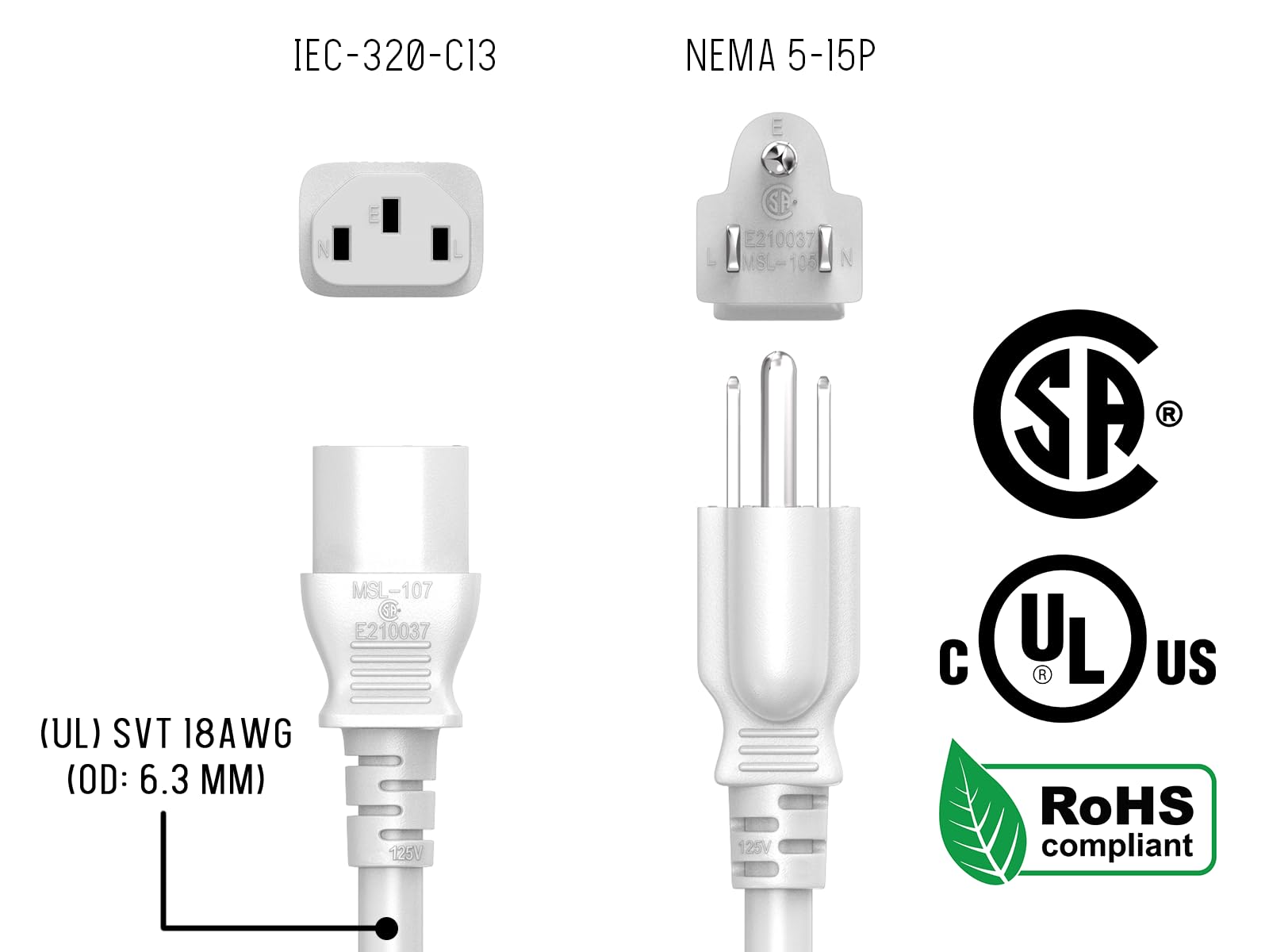 CableLeader IEC320 C13 a NEMA 5-15P, cavo di alimentazione universale da 3 piedi e 14 AWG, compatibile con computer, monitor, stampanti e televisori, bianco