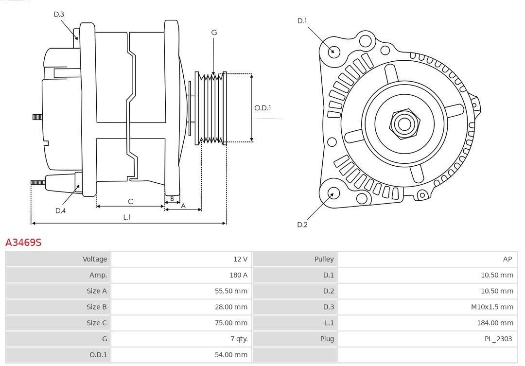 Alternator Generator AS-PL A3469S 180A 12V