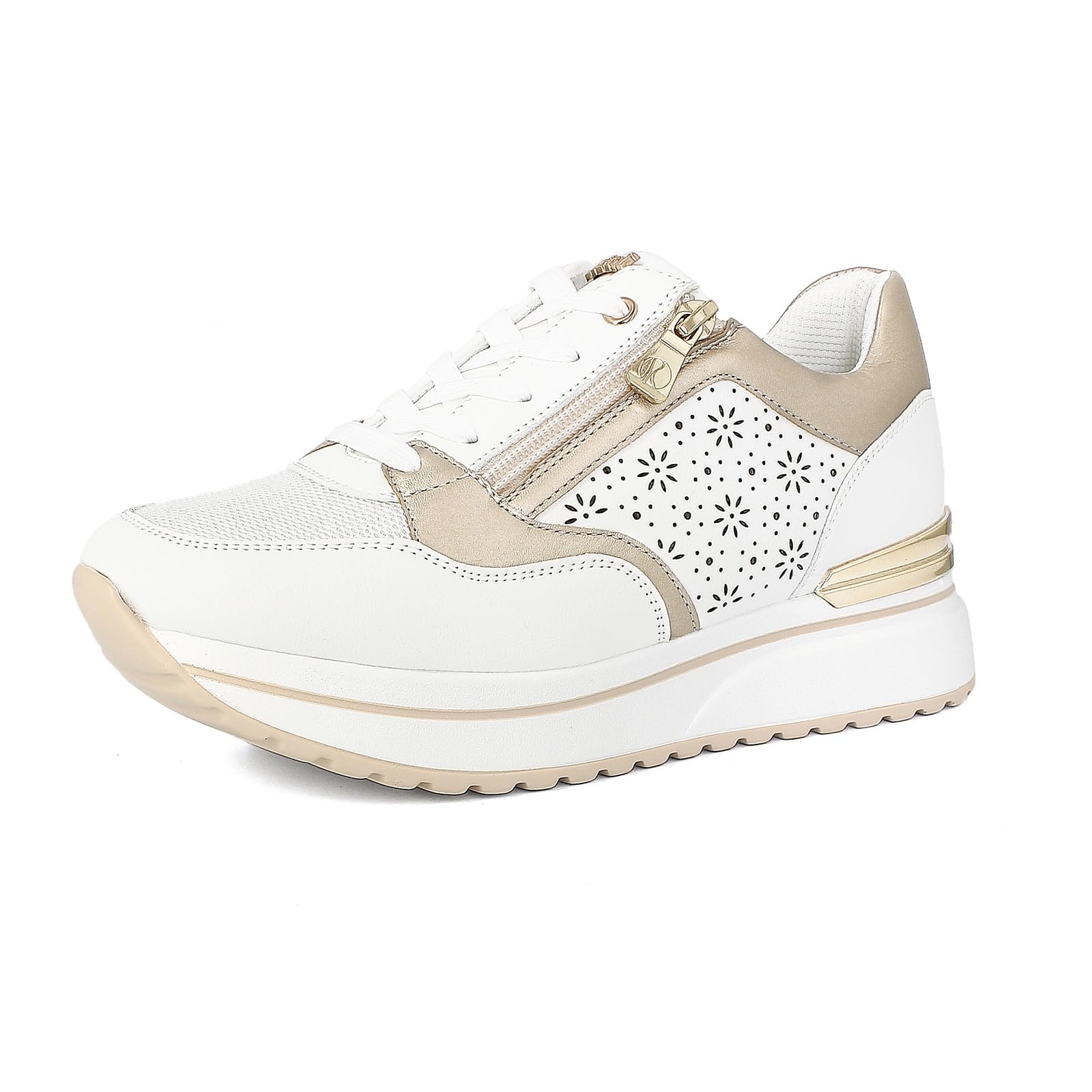 Sneakers Donna con Lacci e Cerniera, Traforo Fiorato Laterale e Tacco 6cm