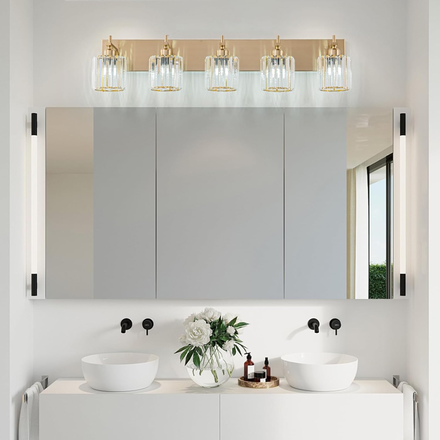 Modern Crystal Bathroom Vanity Lights, Gold 5-Lights Bathroom Light Fixtures Over Mirror, Crystal Wall Lighting with Polished Brass Finish