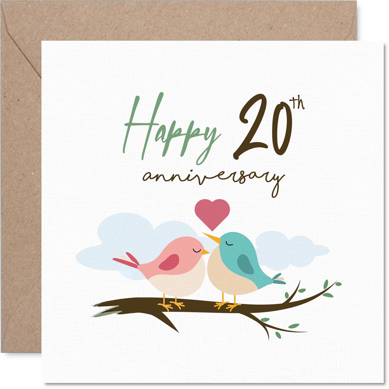 Sweet 20th Anniversary Card - Two Lovebirds on a Branch - Cheerful Artwork in Soft Pinks and Blues - A Charming Way to Celebrate Togetherness - 145mm Square, Envelope Included