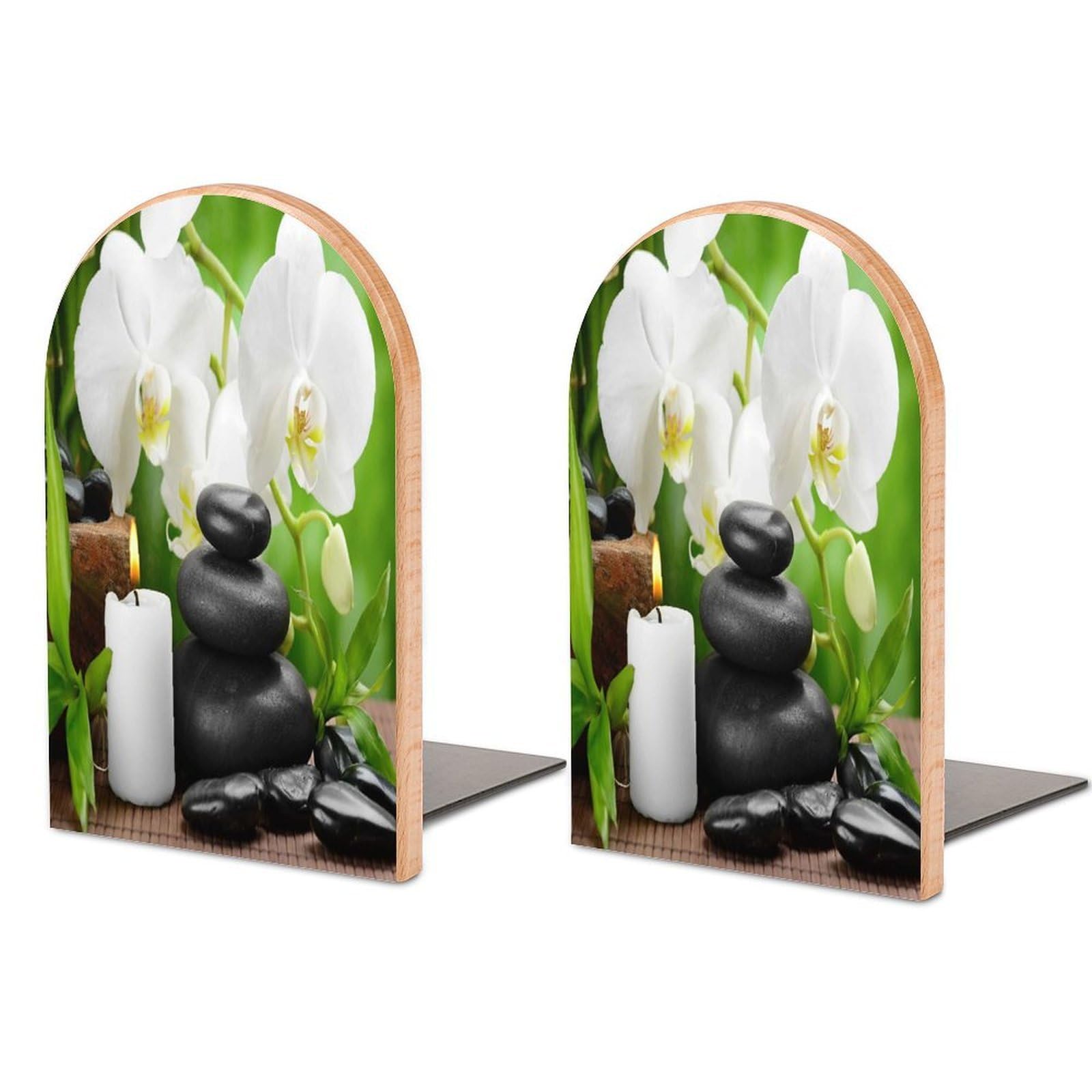 Zen Basalt Stones and Orchid on The Wood Beech Wood Bookends Heavy Duty Book Organizers Desktop File Holder for Office Home Bookshelf