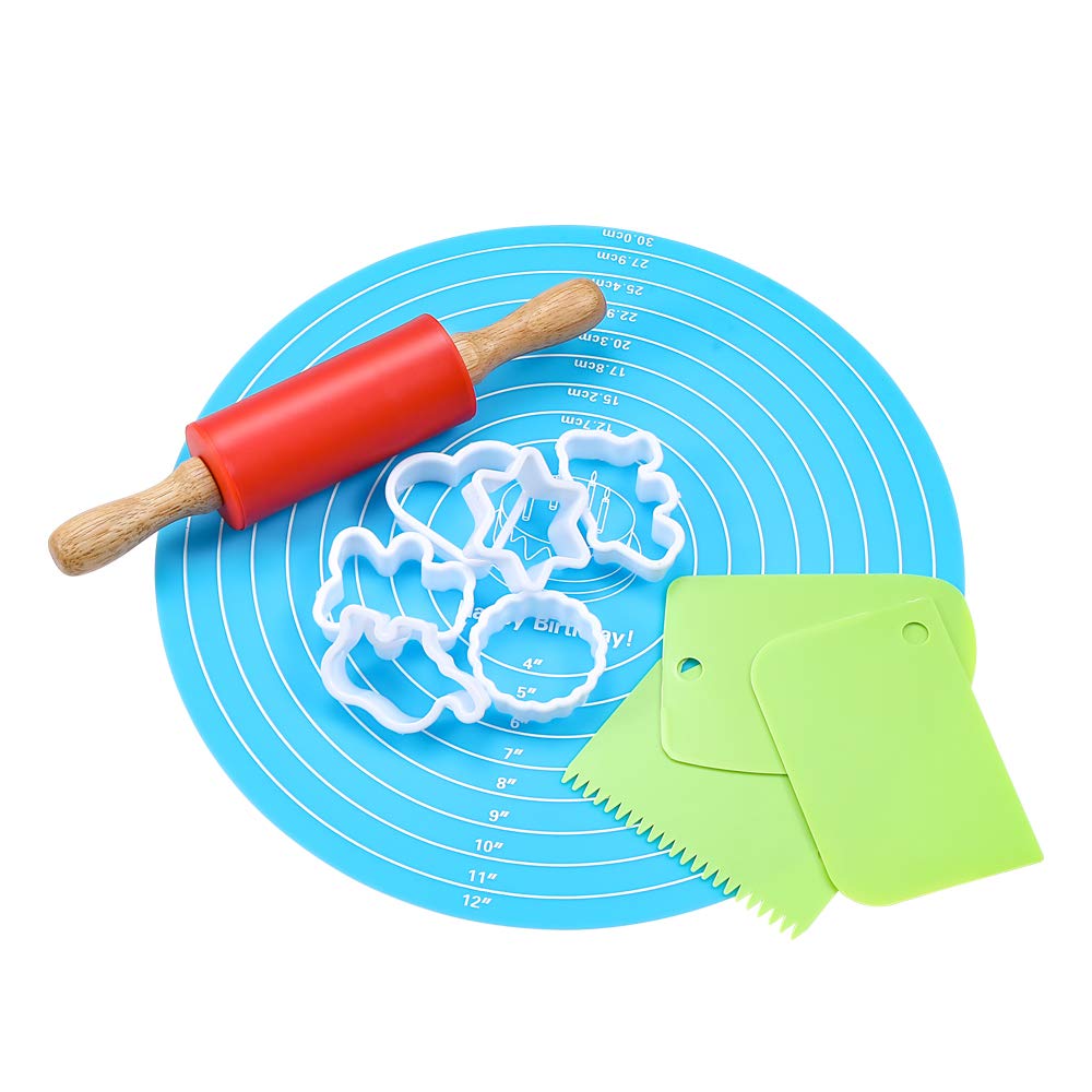 Non-Stick Rolling Pin and Pastry Mat Set: Mini Silicone Dough Rollers for Baking, Non-Slip Mat with Measurements, and Cookie Cutters - For Tortilla, Pizza and More