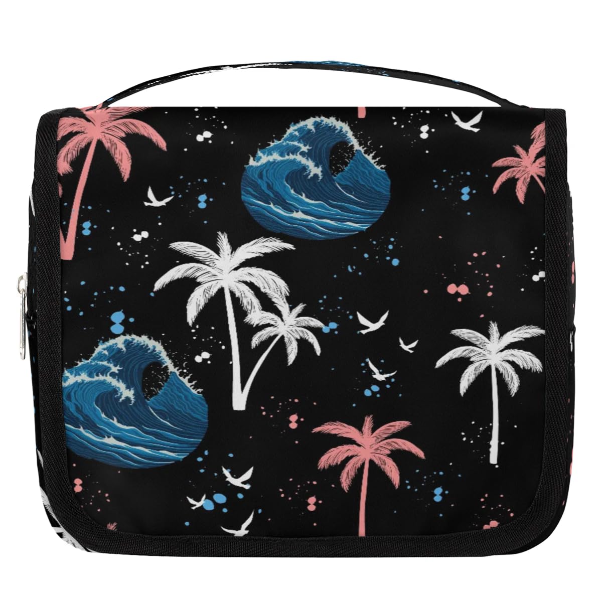 lakefvgkHanging Toiletry Bag Waves and Palm Trees, Makeup Cosmetic Bag Bathroom Travel Bag Organizer Large for Women Girls