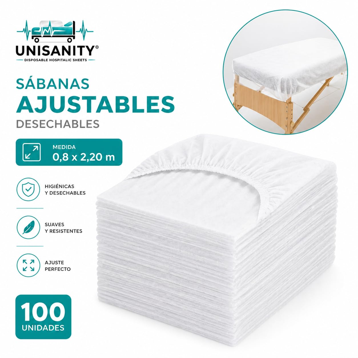 UNISANITY Sábanas Desechables Ajustables para Camilla, TNT SMS, 80 x 220 cm, Pack de 100 Unidades, Uso Profesional