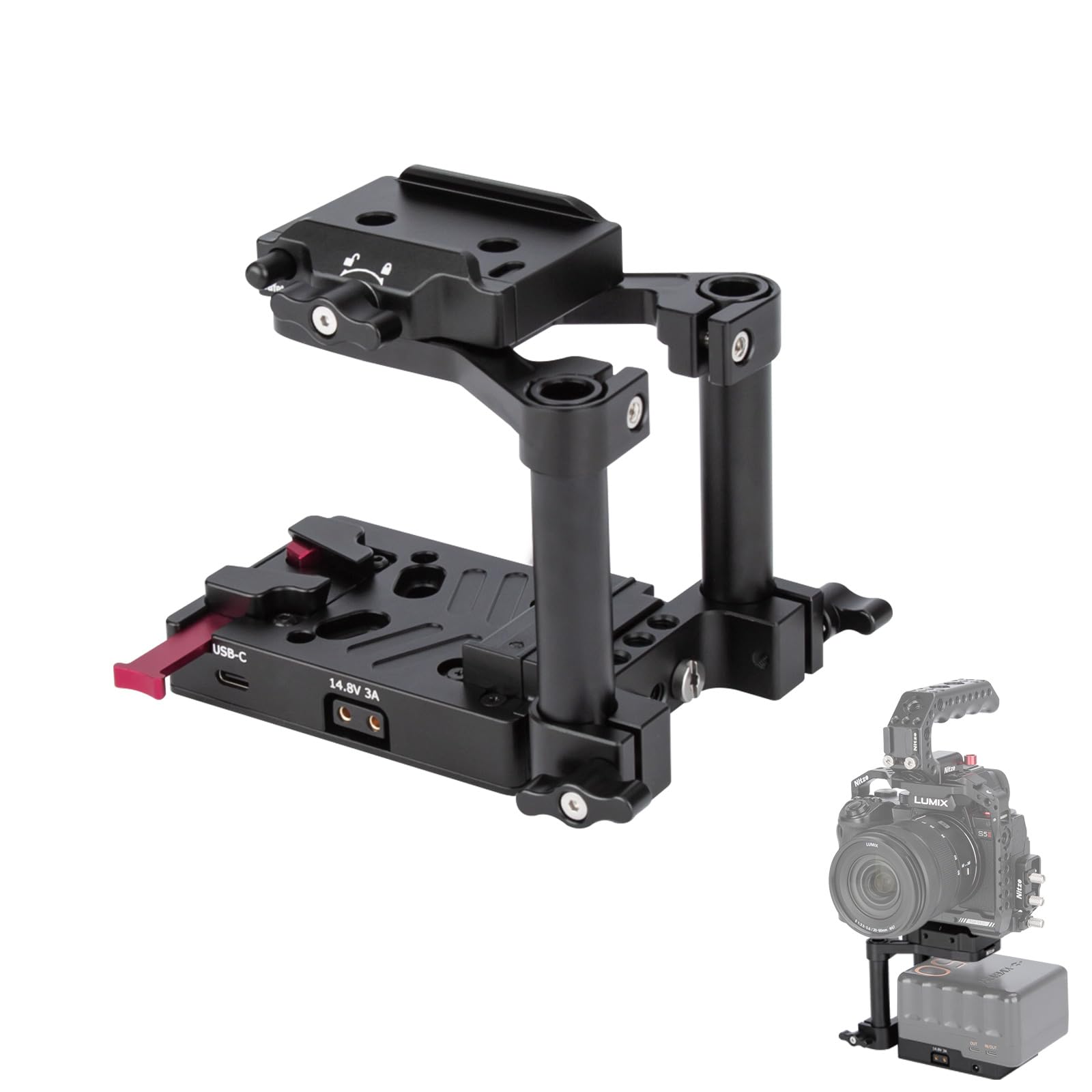 Nitze V Mount Baseplate with V Mount Battery Plate, 15mm Rod Clamp and Arca Swiss Baseplate (8V/3A DC, 14.8V/3A D-tap and PD 3.0 USB-C Output Ports) -