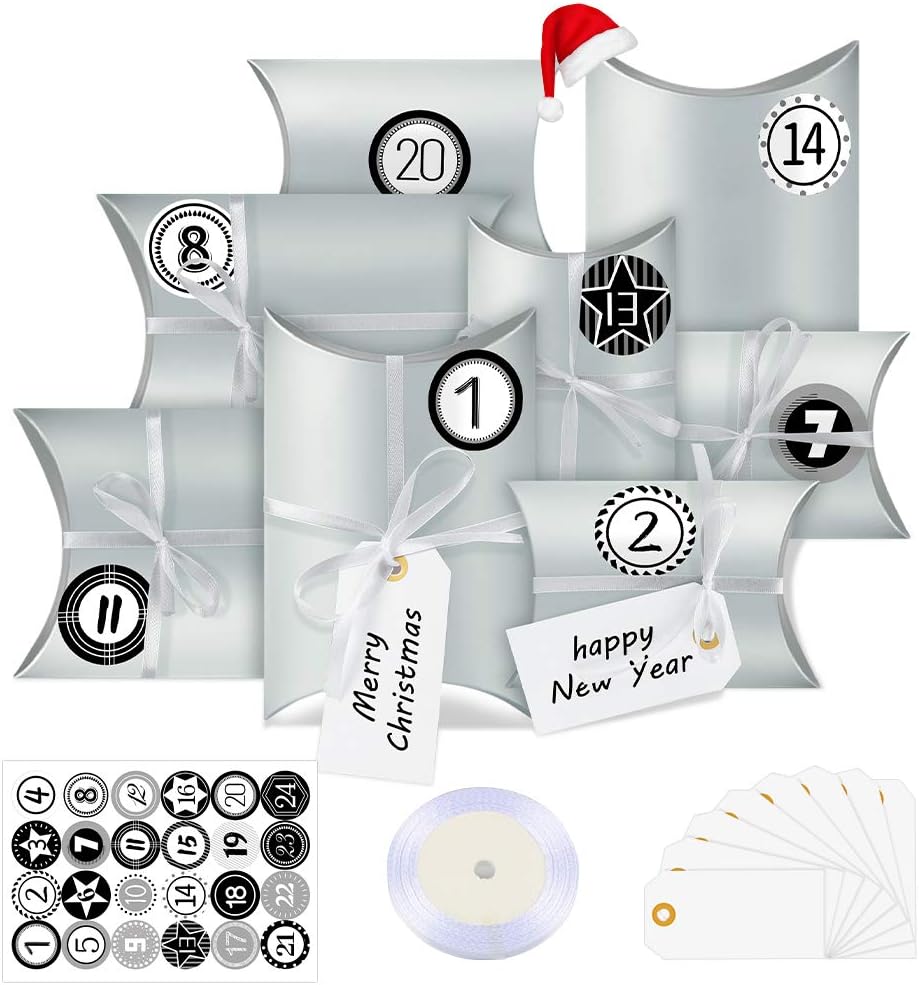 Bluelves Calendario de Adviento, 24 Calendario Adviento Fieltro, con Adhesivos Digitales de Adviento, Cajas de Regalo Navidad, para DIY Bolsa de Regalo Navidad, Rellenar Calendario de Adviento(Plata)