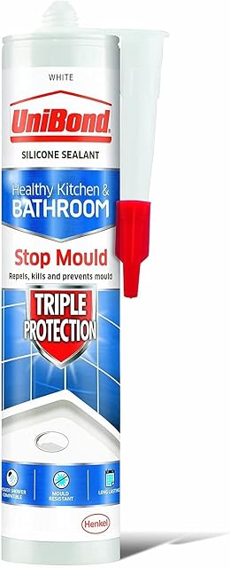 UniBond 2100806 Triple Protection Stop Mould Sealant, Kitchen & Bathroom Sealant, White Silicone Sealant Repels, Kills, Prevents Mould Growth, Long-Lasting Bath Sealant, 1x291g Cartridge