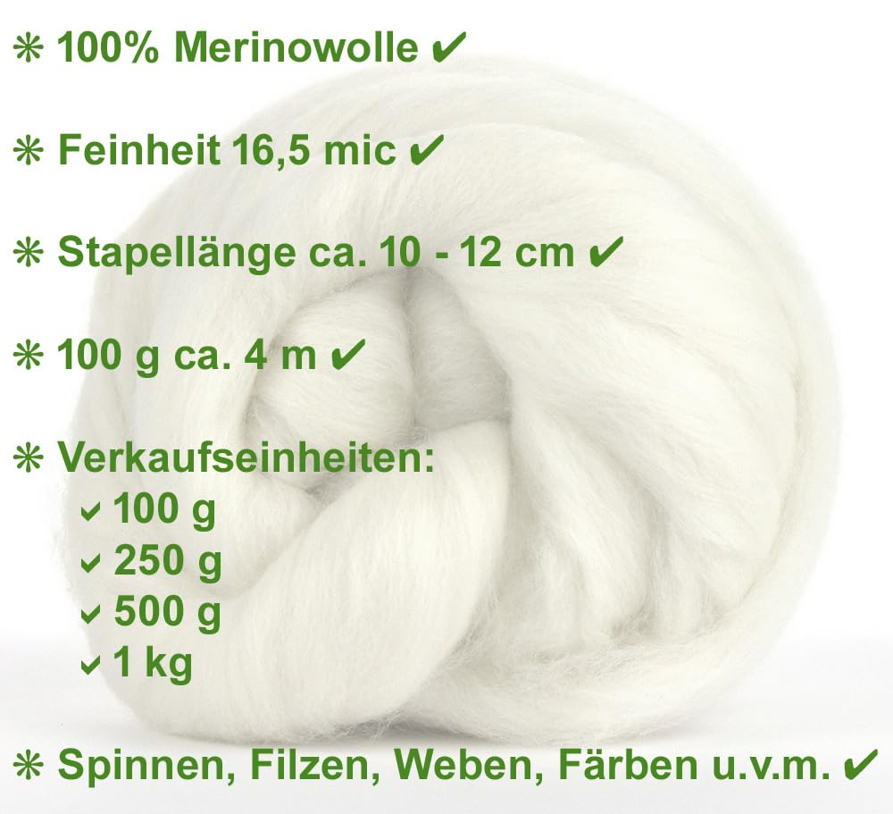Kammzug Wolle zum Filzen, Spinnen, Weben, Färben, natur, Spinnfasern aus Merinowolle superfein, 16,5 mic, weiß (weiss, 1 kg)