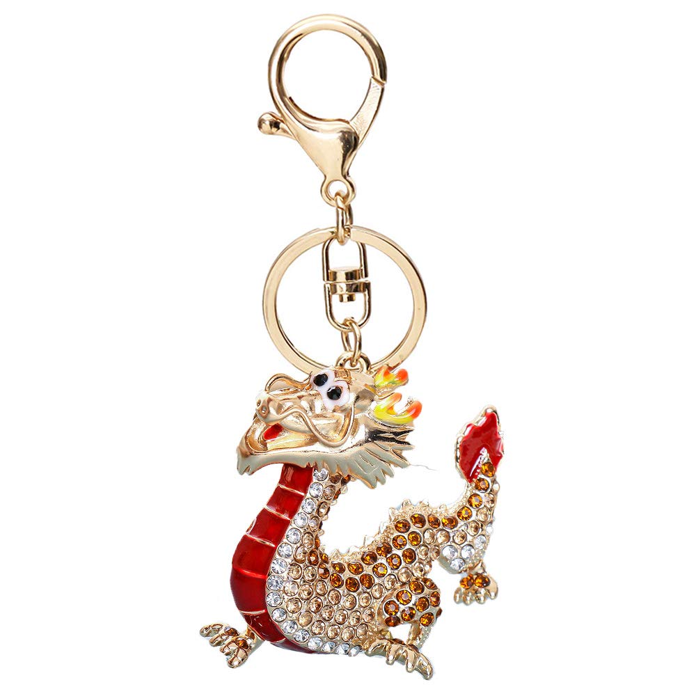 Xcsskg Red Dragon Rhinestone Keychain,Gold Sparkling Charm Keyring Pendant (Red)