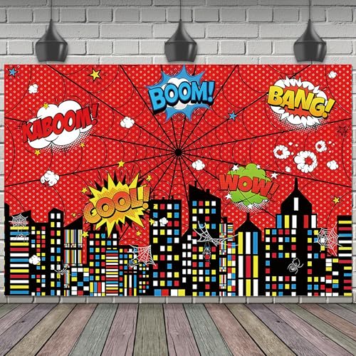 SAVITA Pano fundo teia de aranha Super City, 180 x 120 cm pré-perfurado reutilizável pano de fundo de poliéster lavável ideal para decoração de aniversário acessórios fotografia e lembranças festa