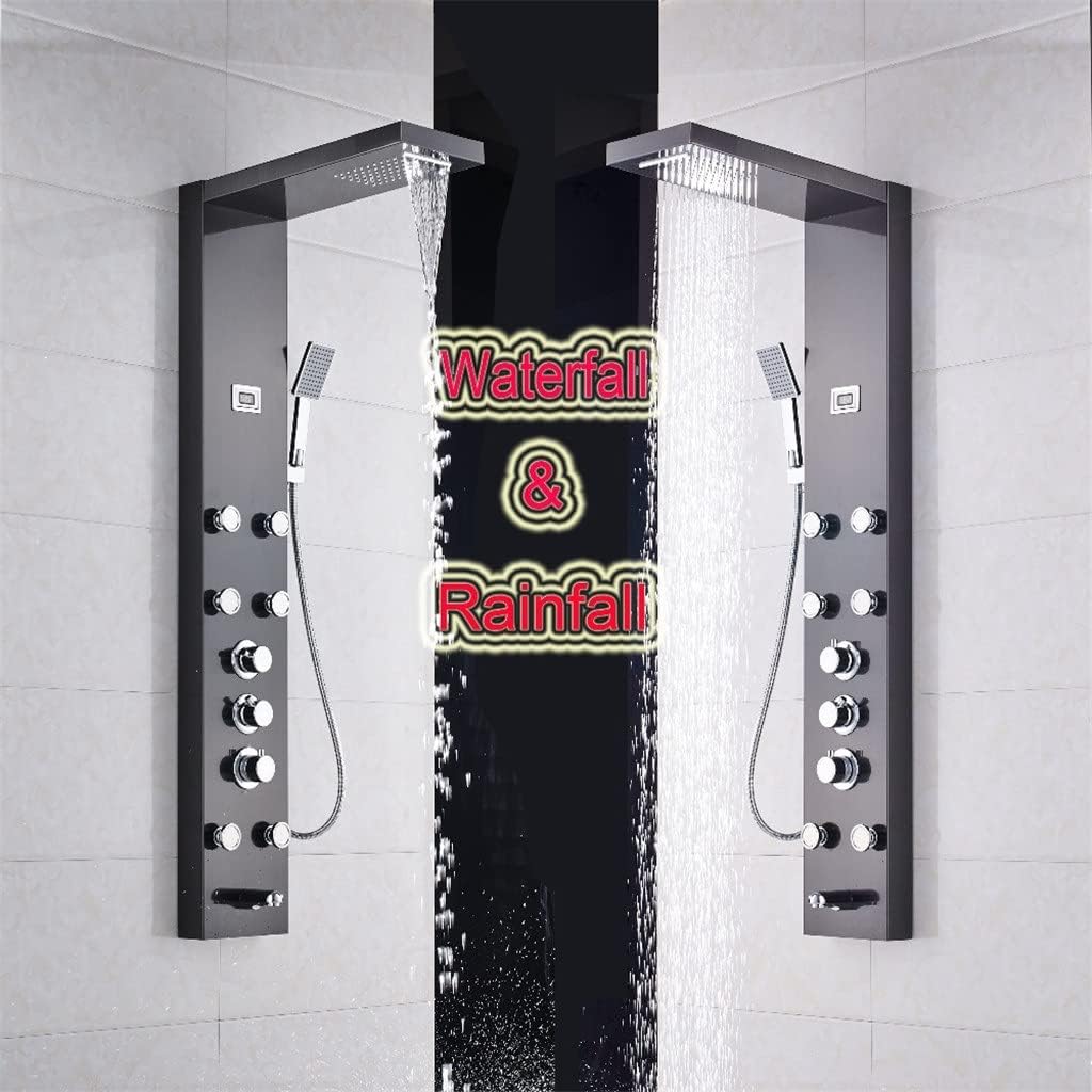 Waterfall 6pc Massage Jets Rain Shower Column Thermostatic Mixer Shower Faucet Tower W/Hand Shower Tub Spout Black Shower Panel(D)