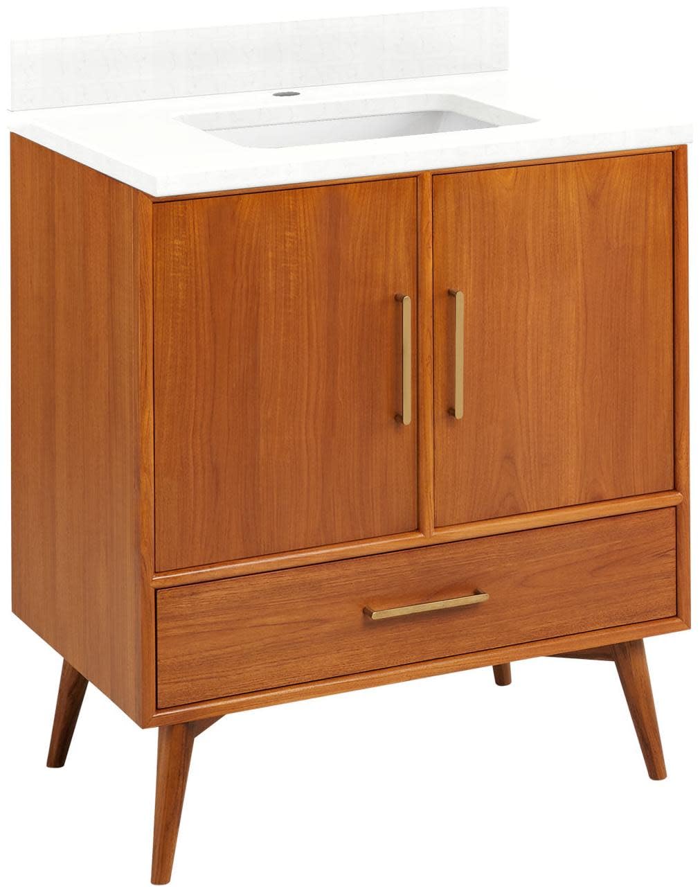 Signature Hardware 953363-30-RUMB-1 Novak 30" Freestanding Teak Single Basin Vanity Set with Cabinet, Vanity Top, and Rectangular Undermount Sink -
