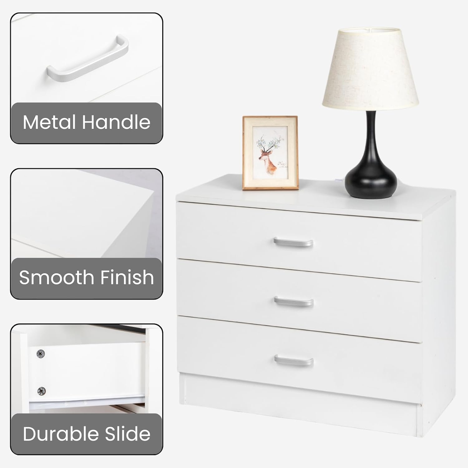 White Modern 3-Drawer Indoor Bedside Table