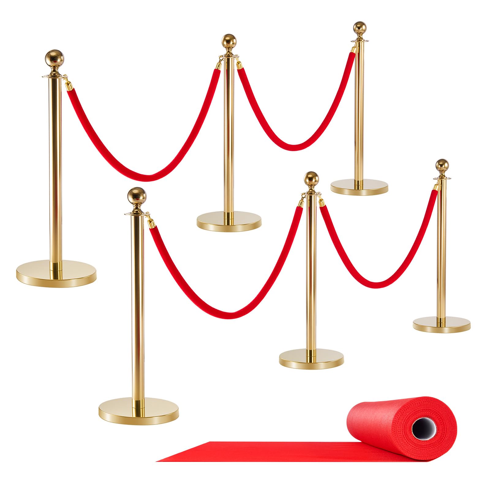 VEVOR Poste Guía de Barrera 6 Piezas con 4 Cuerdas de Terciopelo Rojas, Barrera de Marcado de Control de Multitudes con Base, para Cola de Separación de Demarcación en Teatro Hotel Exposición, Dorado