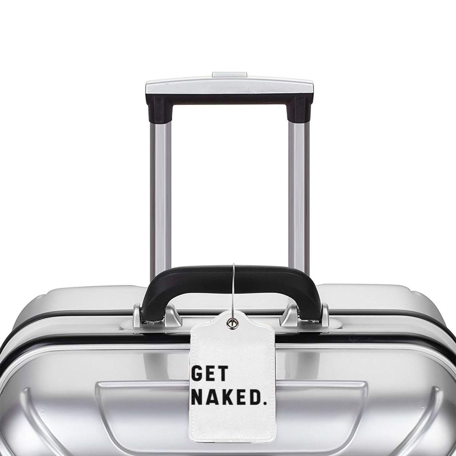 Paquete de 2 etiquetas de equipaje con texto en inglés "Get Naked" para maletas, piel sintética, protección de privacidad, etiquetas esenciales de viaje