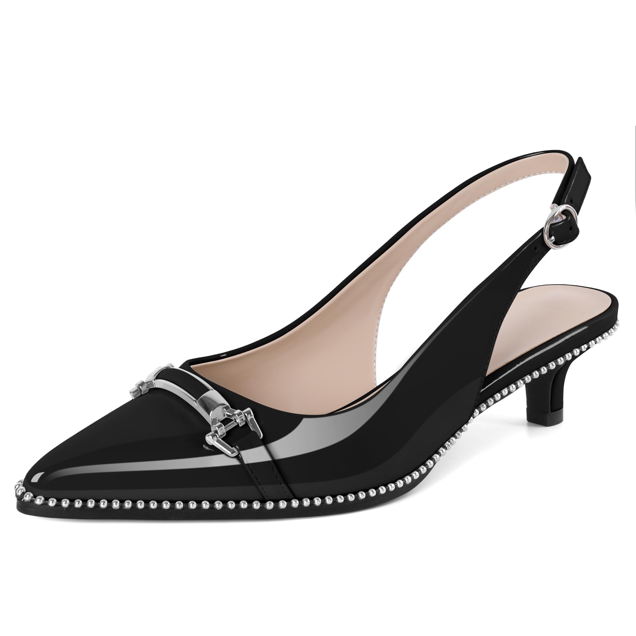 SAMMITOP Slingback Kitten Heels Low Heel Beaded Pumps Pointed Toe with Buckle Strap Heeled Sandals Wedding Party Office Dress Shoes 1.6 Inch