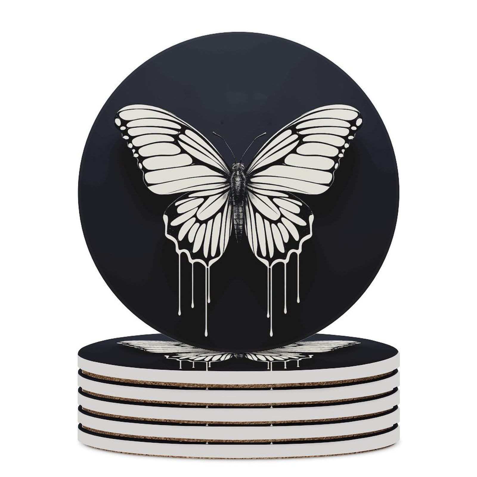 Czarno-białe podstawki pod napoje w kształcie motyla z uchwytem na stolik kawowy, ceramiczna podstawka z podstawą korkową, ceramiczna podstawka do mrożonych zimnych lub gorących napojów, 10 cm