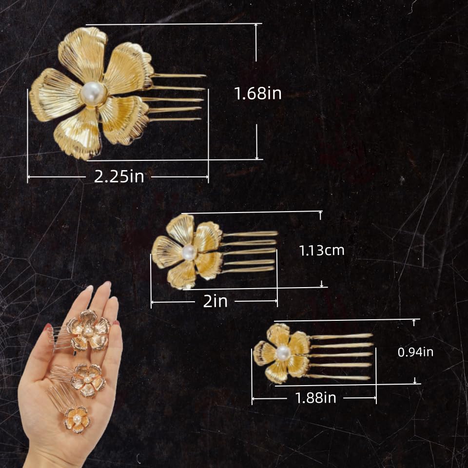 Set de 3 Peines Dorados con Flor y Perla Brillante miniatura 4