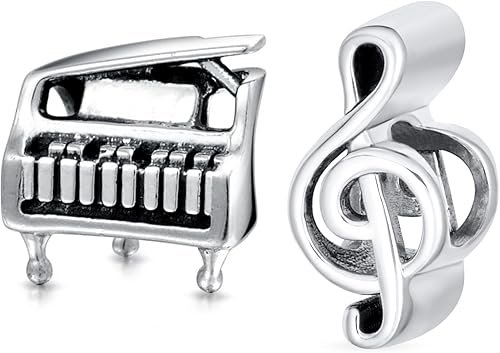 Bling Jewelry Musician Pianist Keys Music Student Grand Piano Rock Star Electric Guitar Bead Charm For Women Teen Oxidized .925 Sterling Silver Fits