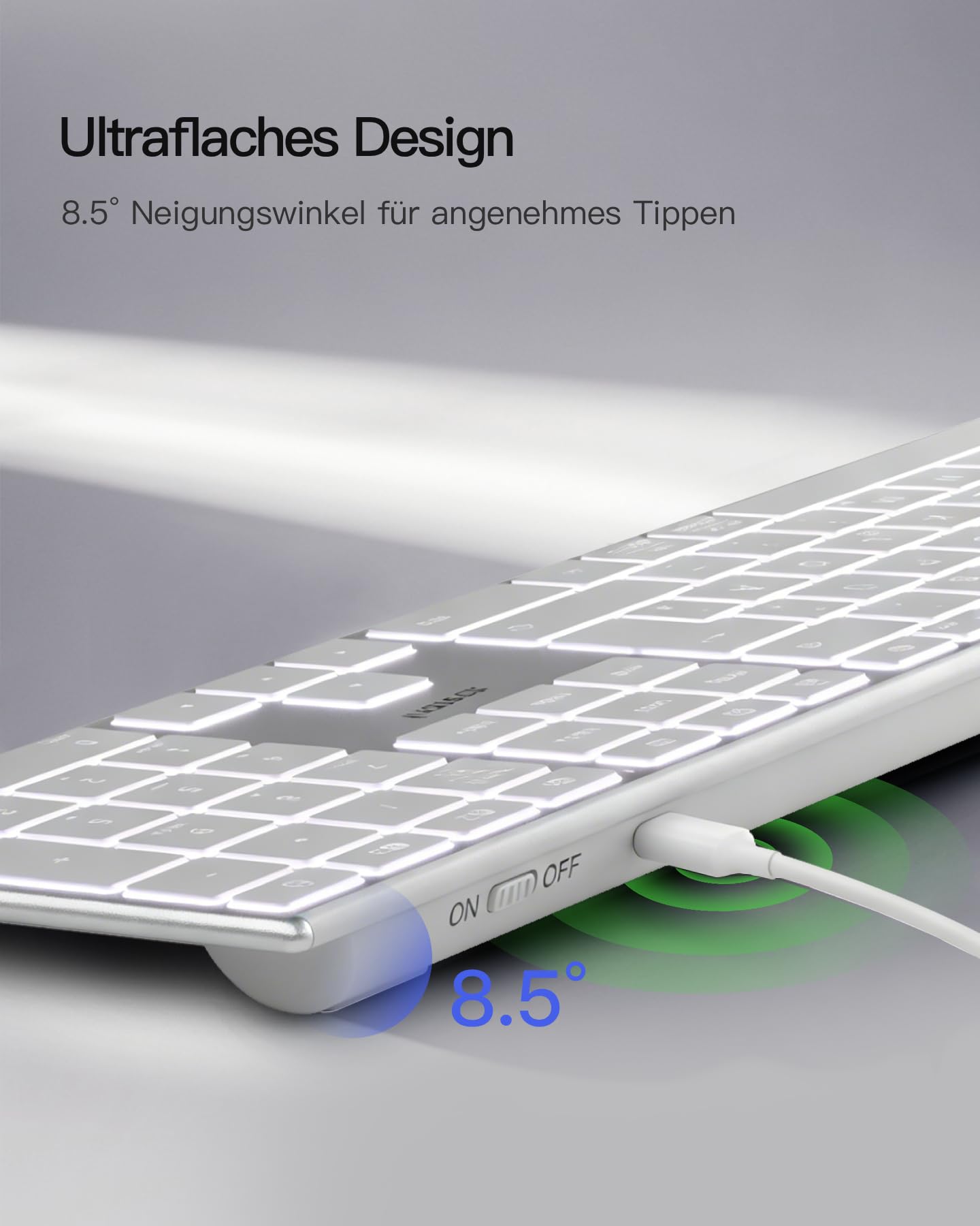 Inateck Bluetooth Mac Tastatur,Kabellose Tastatur mit 3 BT Kanälen,QWERTZ Layout,Leise Tasten, KI-Funktion, Kompatibel mit MacBook Pro/Air, iMac, iMac Pro, Mac mini,iPad