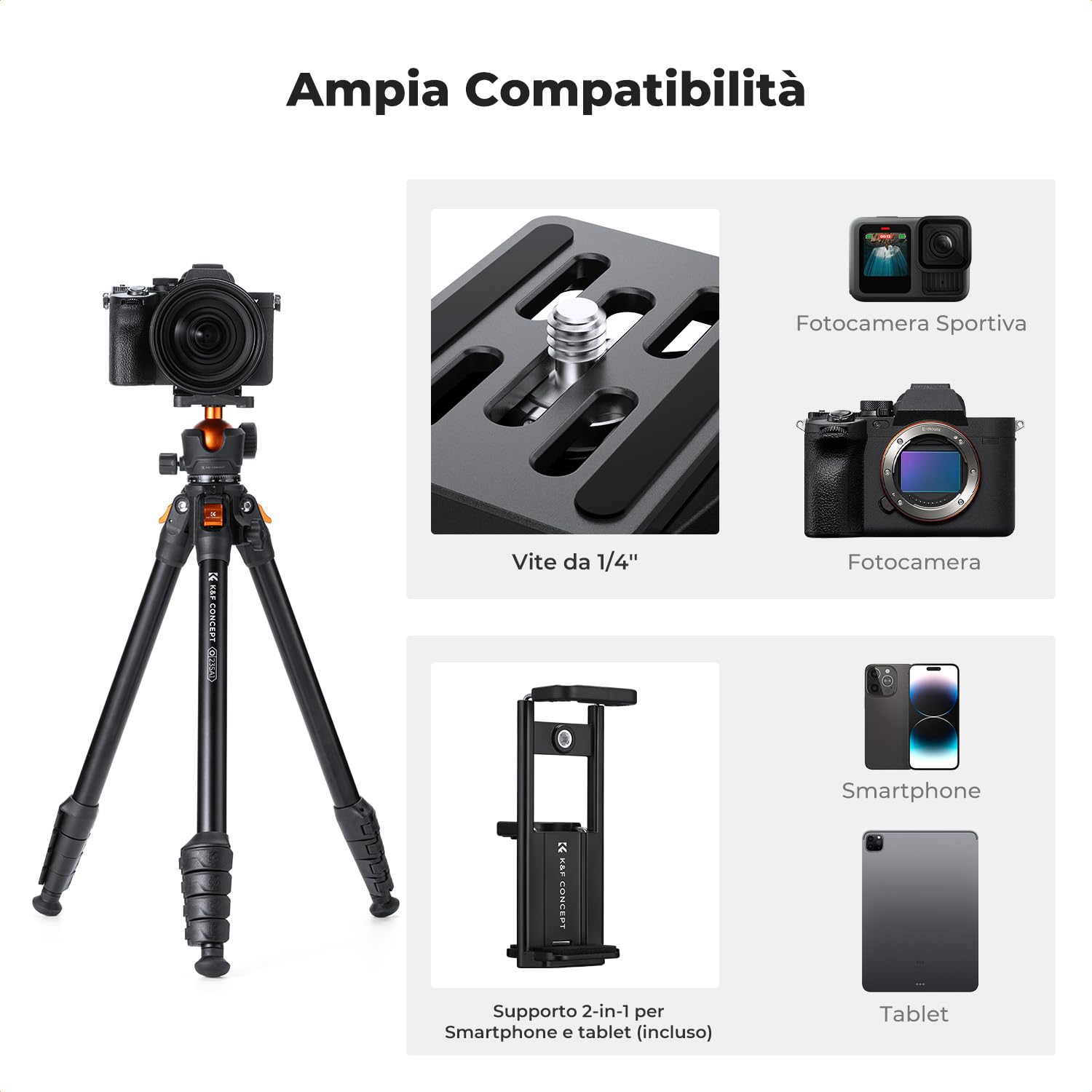 K&F CONCEPT Treppiede per Fotocamera 163cm, Cavalletto Fotografico in Alluminio Leggero e Compatto, Carico Max 10kg, Treppiedi per Fotocamere DSLR/Sony/Canon/Nikon, Binocoli, Smartphone, iphone ecc