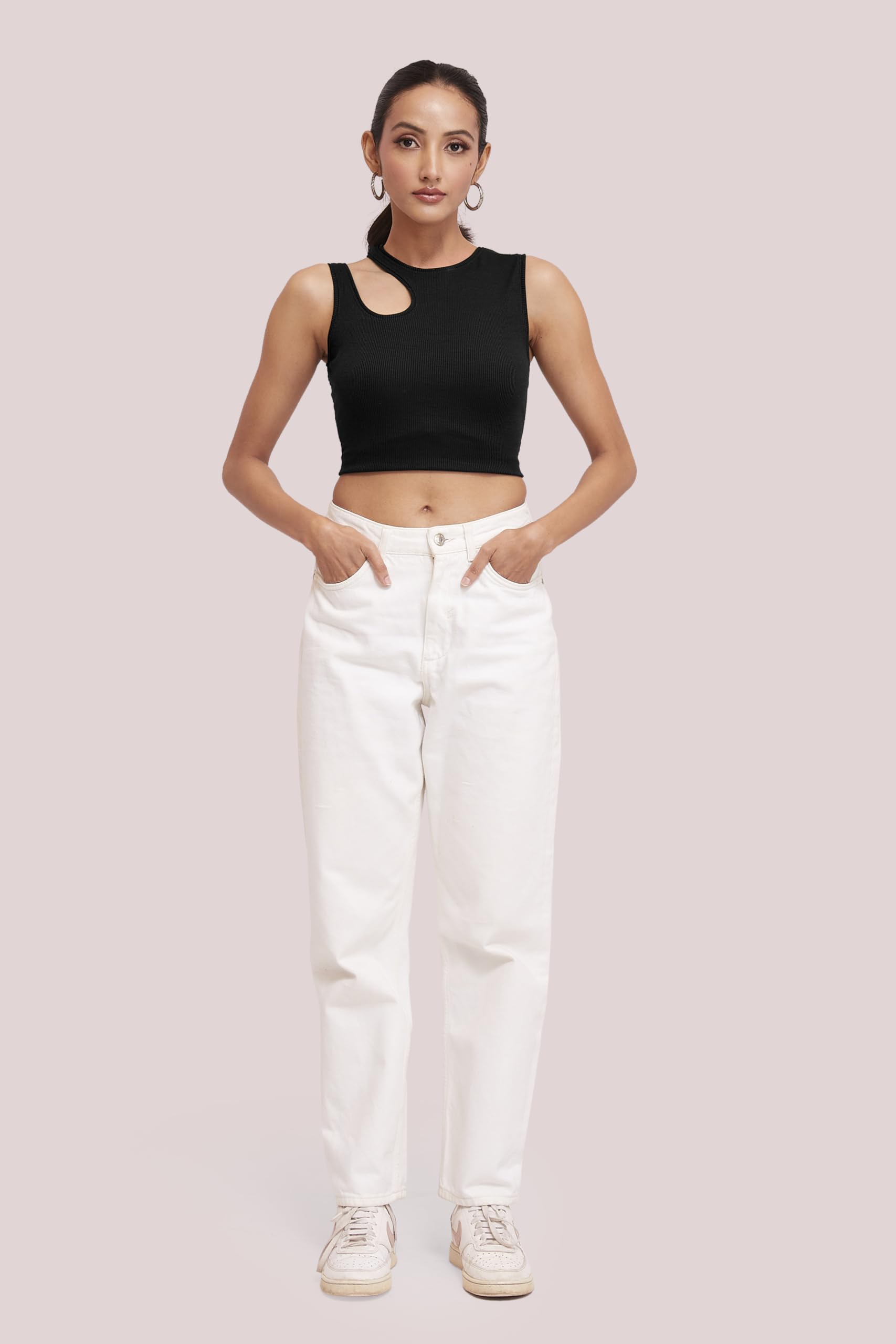 BERRY BIRD® Stylish Sleeveless Round Neck Slim Fit Cut Out Sholder Ribbed Knit Tank Crop Tops for Women & Girls Casual Beach and Gym Wear and Western Trendy Fashion Black 2