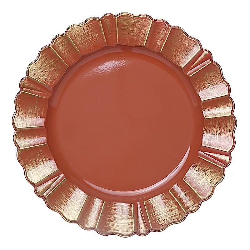 Balsa Circle 6 pcs 13-Inch Terracotta Gold Round Scalloped Trim Plastic Charger Plates Wedding Reception Event Decorations Supplies