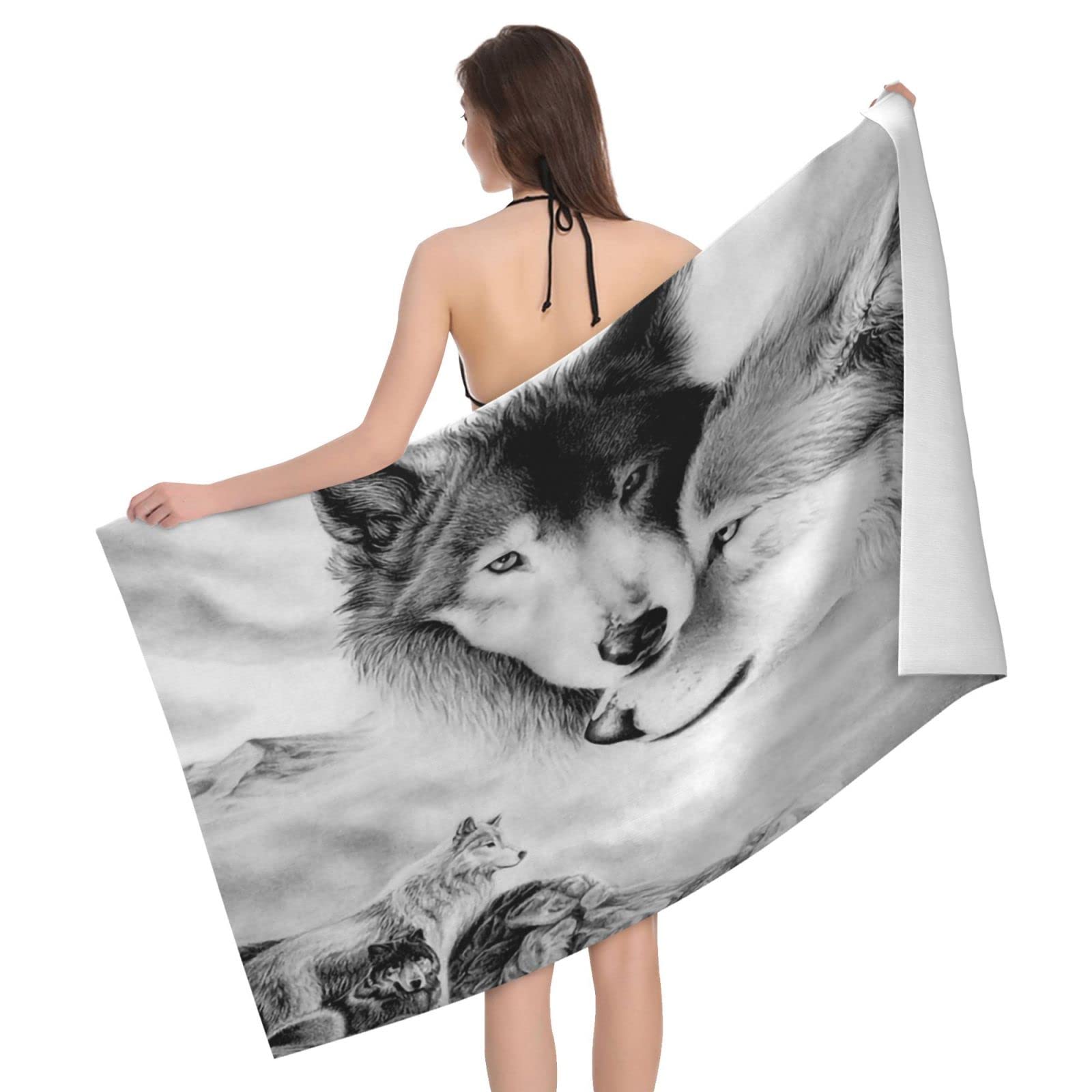 Lawenp Animal Wolf Beach Towel, Lightweight Sand Free Quick Dry Microfiber Absorbent Bath Towel for Kids, Adults, Swimming, Bath, Yoga, Pool, Travel, Camping 32"X52"