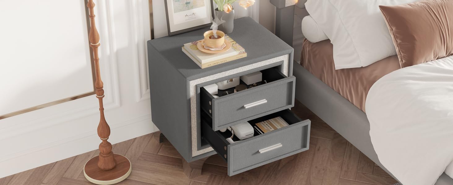Mid Century Vintage Nightstand with Silver Glitter Strip, Gray Velvet Bedside Table with 2 Drawers and Metal Legs