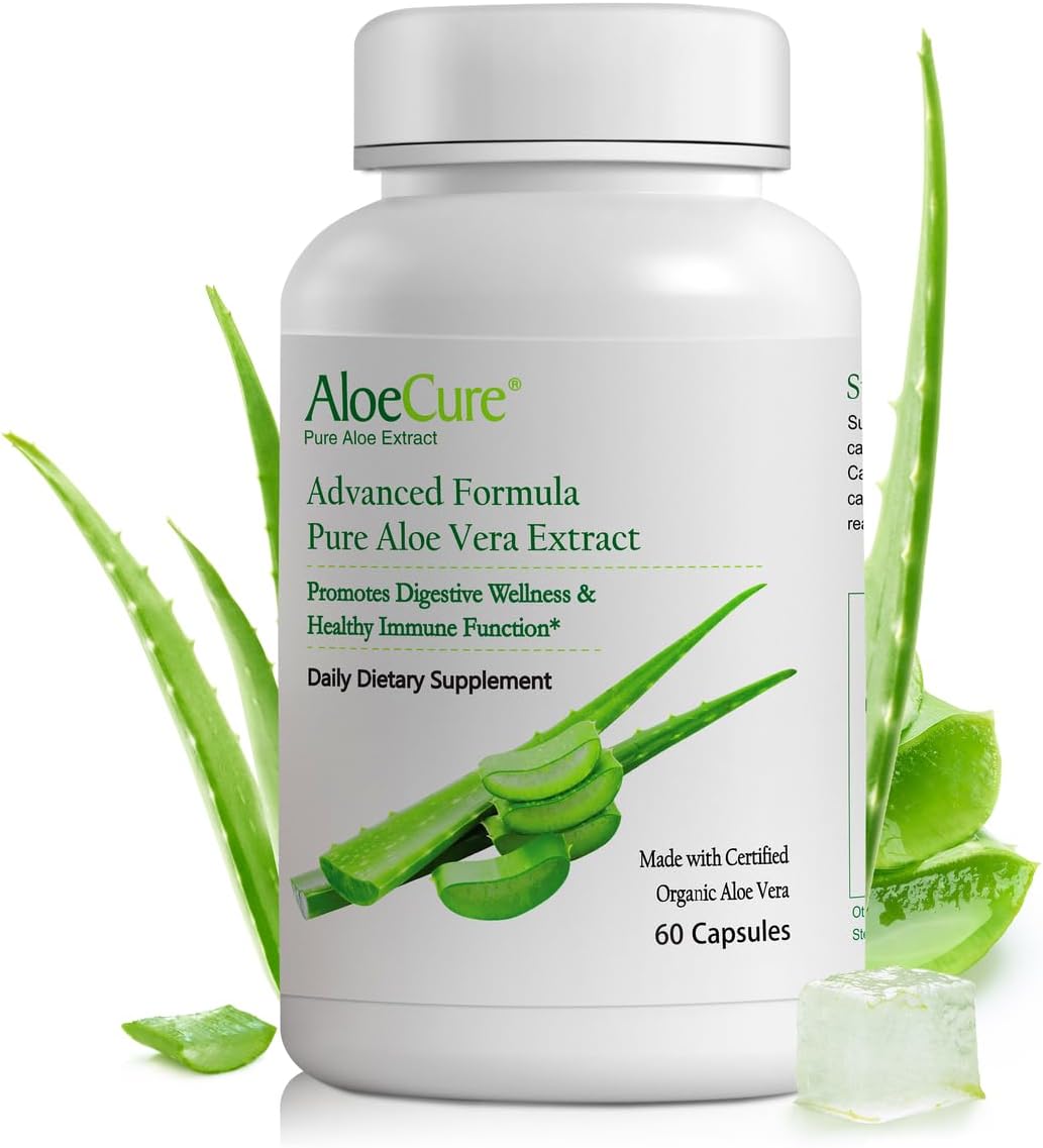 AloeCure Aloe Vera Capsules, Made with Organic Aloe Vera to Gently Support Gut Health & Digestive Comfort, Stomach Acid Buffer, Natural Immune Supplement, Aloin Free, 60 Capsules x 8-Bottles