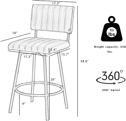 Miniatura 2 de Taburete de bar giratorio de altura de mostrador con respaldo, taburete tapizado de 26 pulgadas con marco de metal, respaldo de asiento de canal,