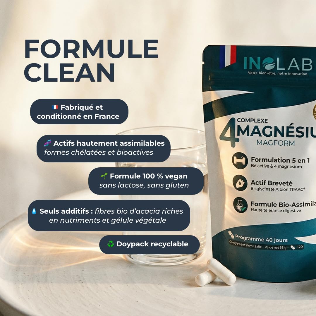 INOLAB Magnésium Premium 5-en-1 | Magnesium Bisglycinate + Malate + Laitue de mer bio + Taurinate | Magnesium B6 | Haute Absorption & tolérance | Anti-Stress & Fatigue | 120 Gélules