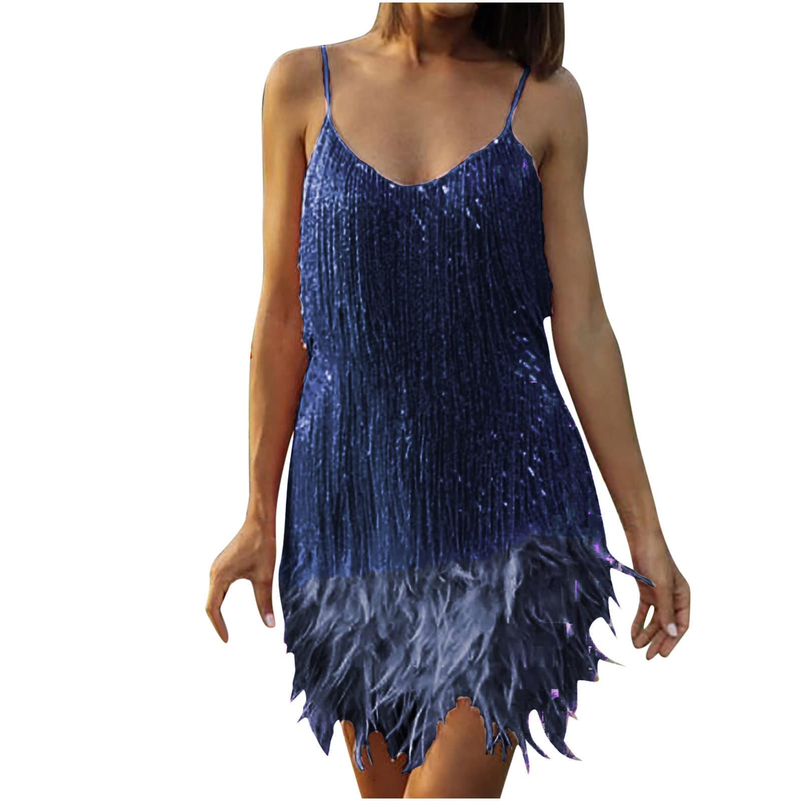 Rkaixuni Women's A1#Dark Blue Feather Dress Fringe Sequin Gatsby Dresses 1920S Flapper Dress Formal Evening Party Ball Gown Disco Outfits