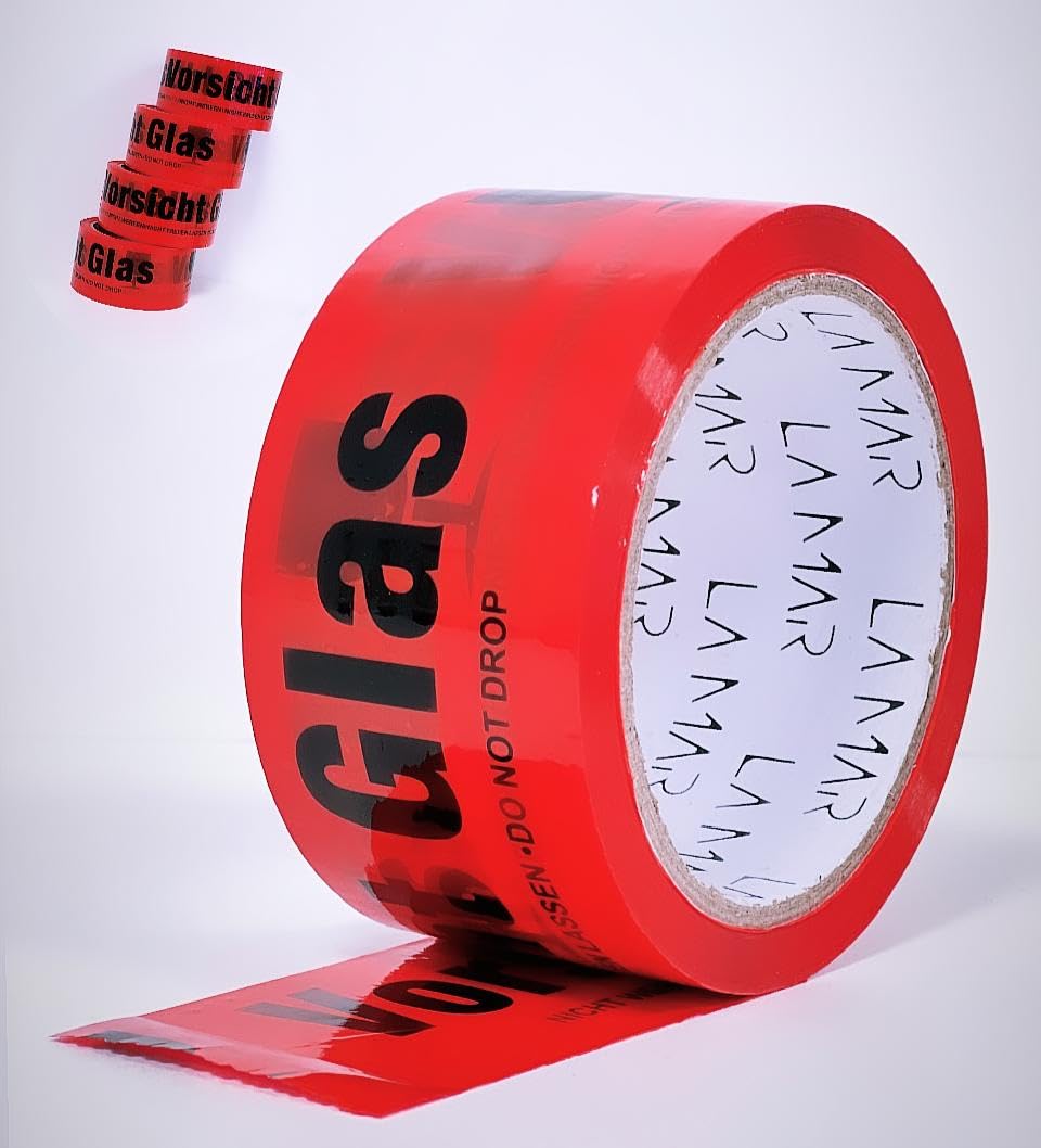 LaMar® 72 Rollen- Paketklebeband - VORSICHT GLAS BAND - Klebeband - Verpackungsband - Packband - Kartonband - Verpackungsmatrial - Rot | 60m (72)