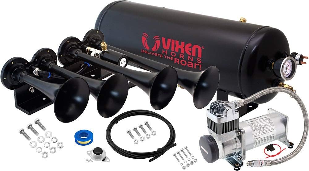 Vixen Horns Train Horn Kit for Trucks/Car/Semi. Complete Onboard System- 200psi Air Compressor, 2.5 Gallon Tank, 4 Trumpets. Super Loud dB. Fits Vehicles like Pickup/Jeep/RV/SUV 12v VXO8325/4124B