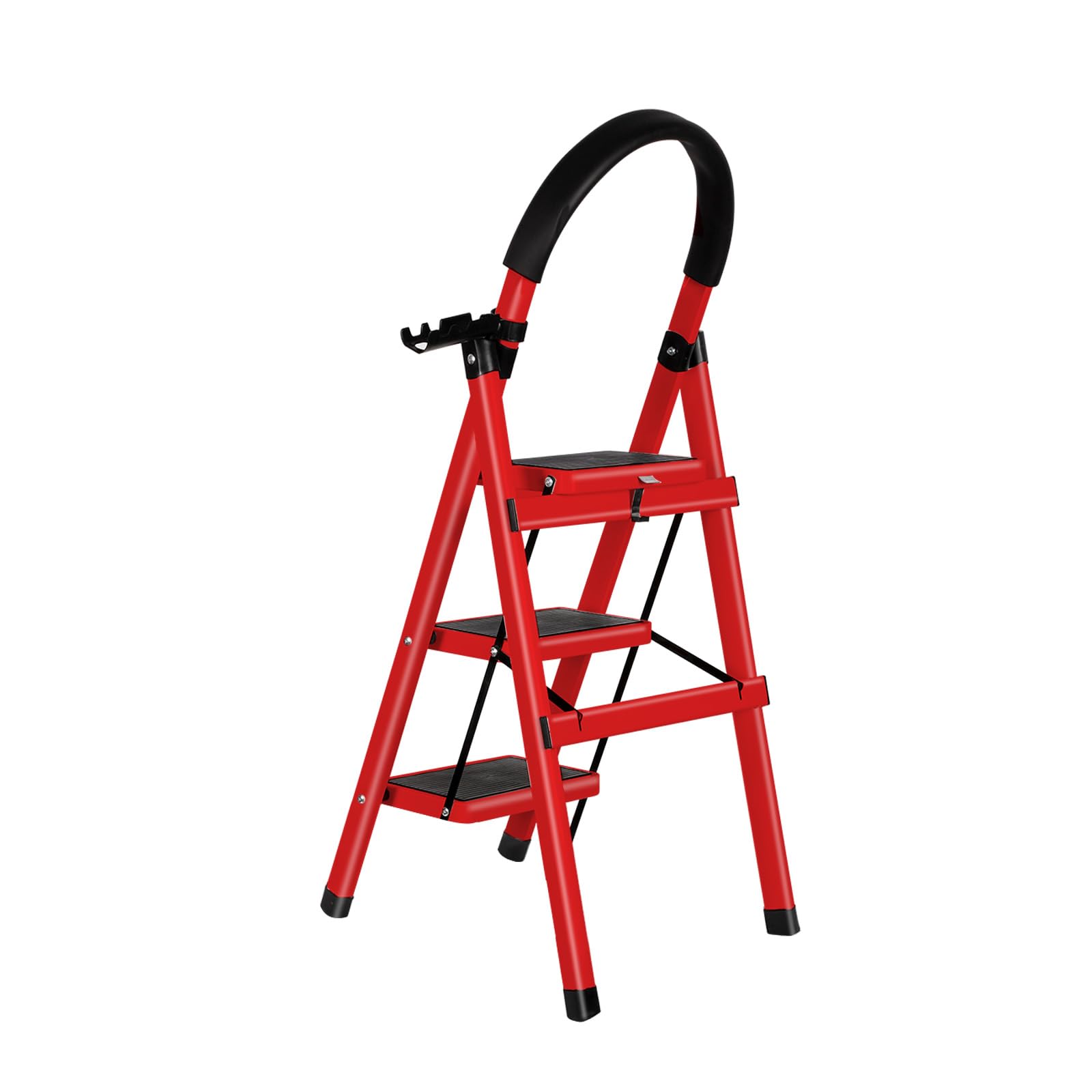 Escabeau 3 Marches, Pliable en Acier Solide et Stable - Marche Pied Pliable, Charge 150 kg - Plateforme de Travail, Antidérapante et Confortable 104 x 57 x 41,5 cm - 3 marches (Rouge)