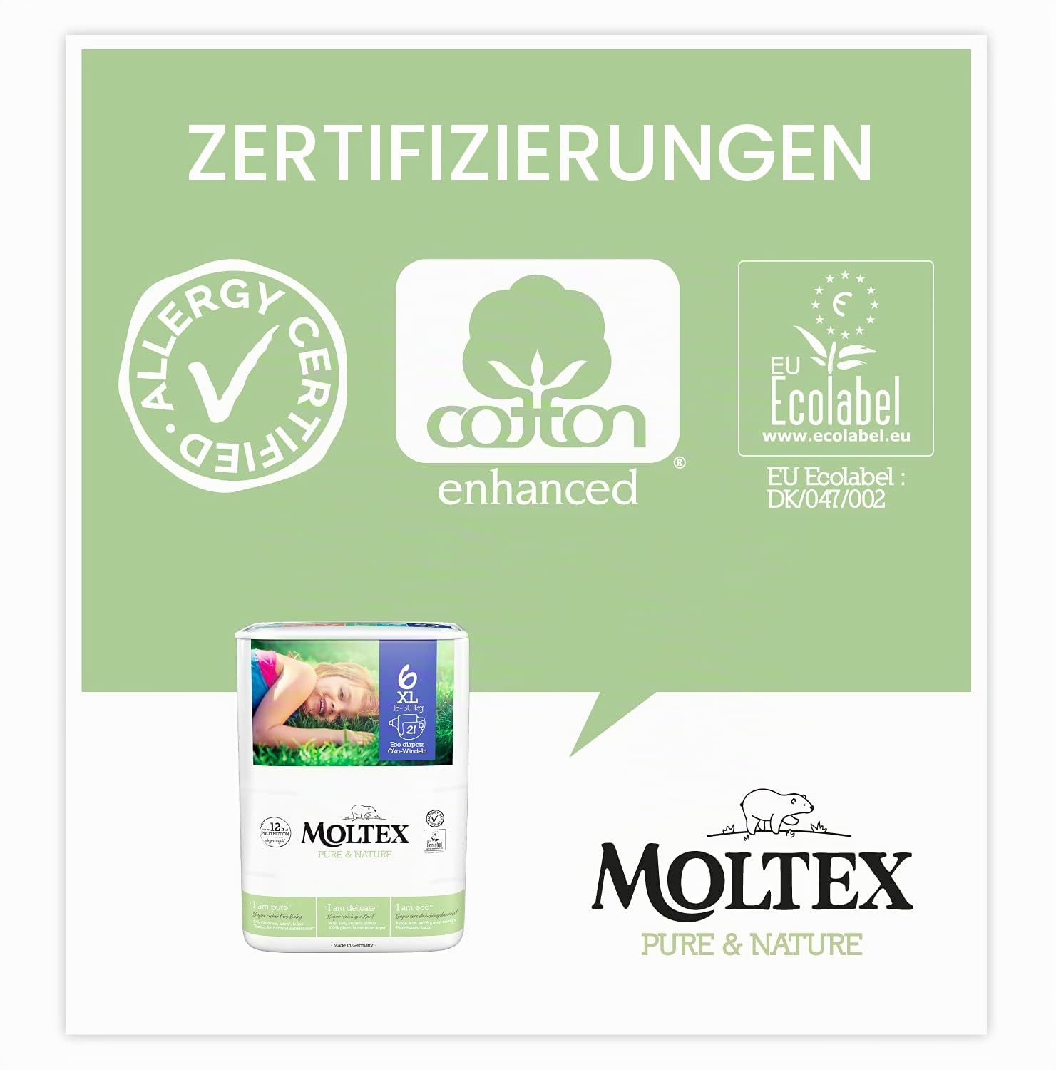 Moltex Pure & Nature Ökologische Windeln, Größe 6 (17-28 kg), 140 Windeln (4 Beutel à 35 Stück), weiß mit gedrucktem Design