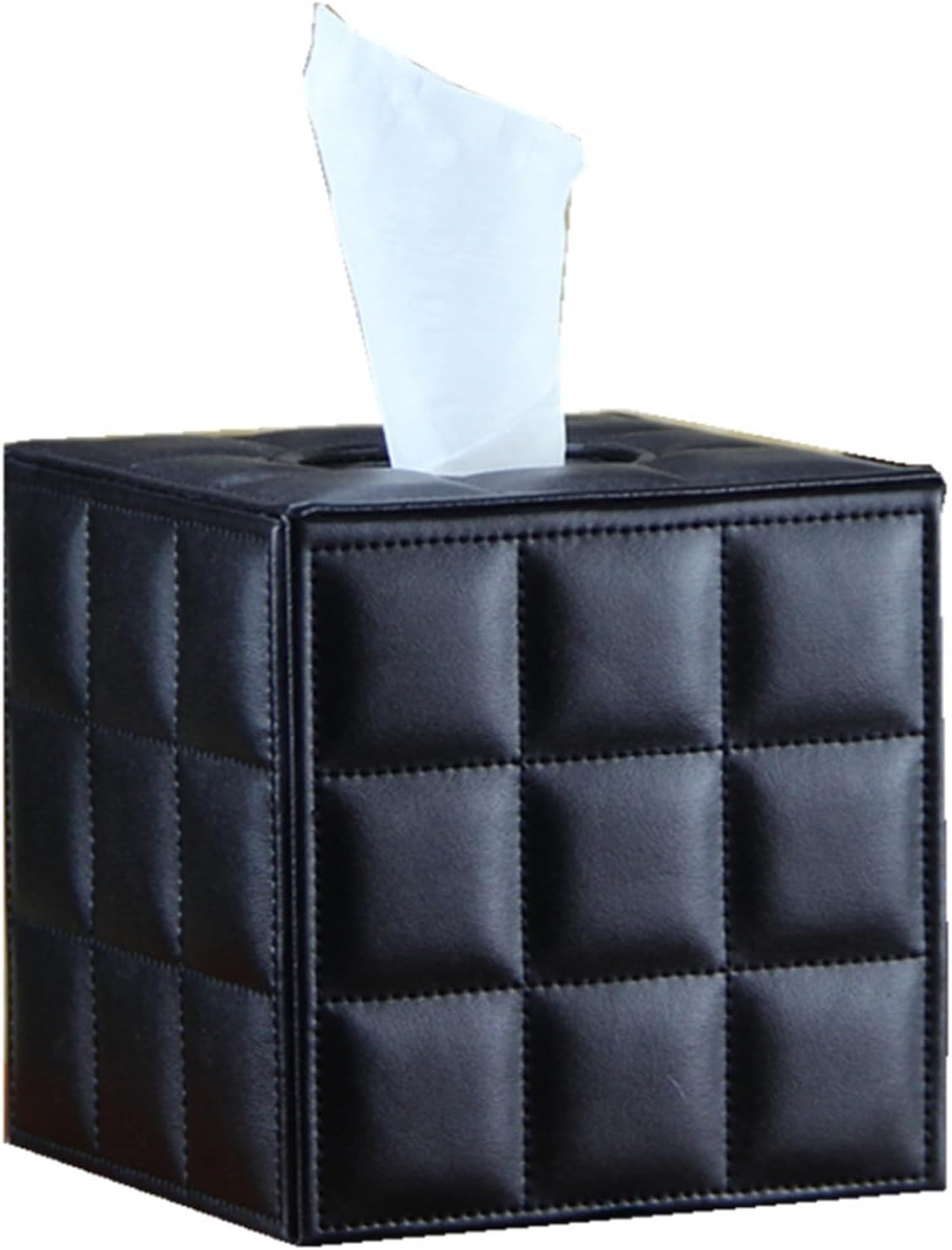 Square PU Leather Tissue Box Cover Holder with Magnetic Bottom (Black Grid)