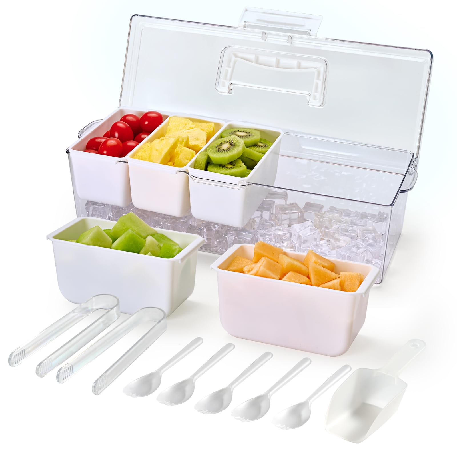 Vassoio refrigerato per condimenti con 5 scomparti rimovibili e design con manico nascosto, organizer per condimenti refrigerati per ghiaccio, vassoio da portata trasparente per campeggio, cucina